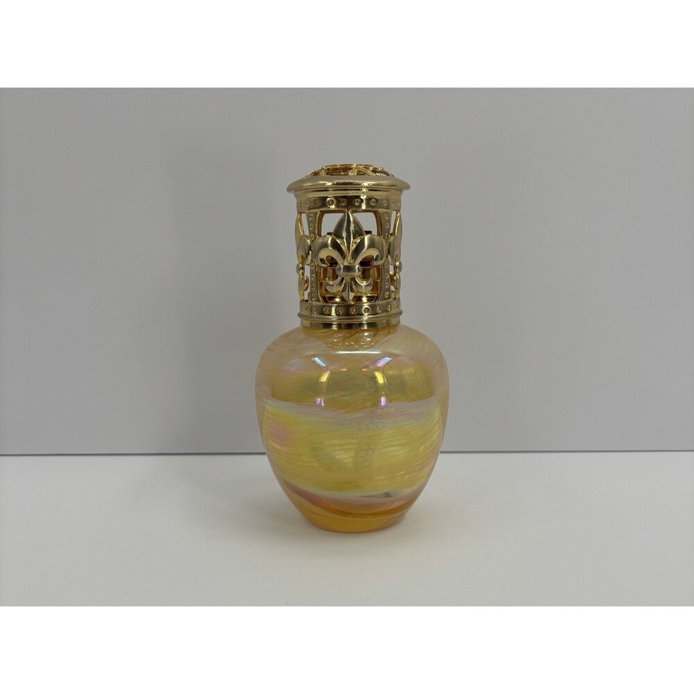Fragrance Lamp With Diffuser Iridescent Gold With White Swirls Art Glass Base - Picture 2 of 14